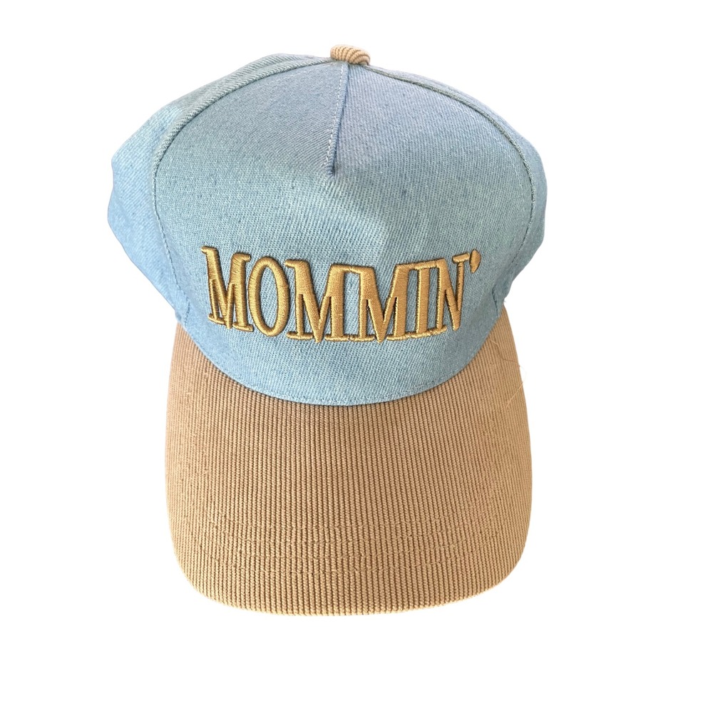 Zenana Mommin Hat Women OS Blue Tan Like New Two-Tone Corduroy Denim Snapback
